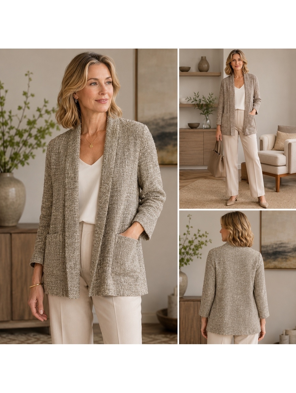 Eileen Fisher Petite Open Front Cardigan Jacket Silk Lined Neutral PP (6p)